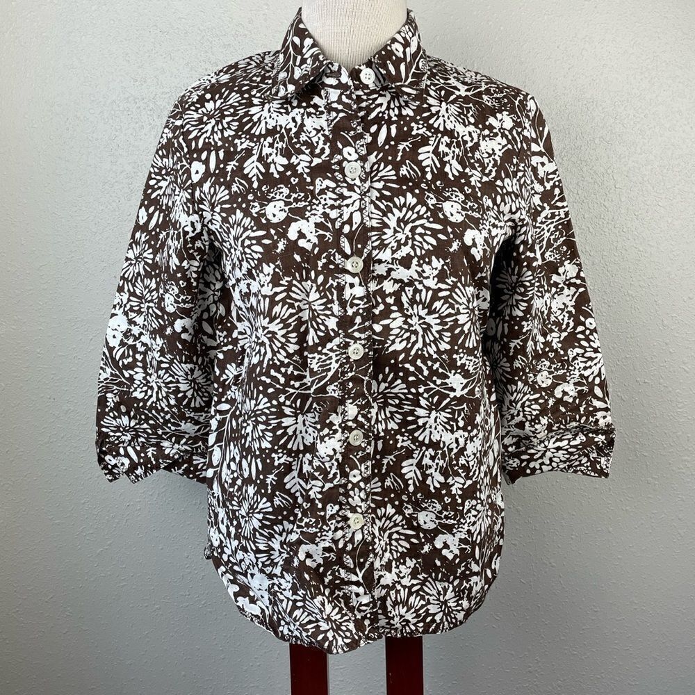 EUC Liz Claiborne Womens 3/4 Sleeve 100% Linen Floral Print Button Down Top Sz M